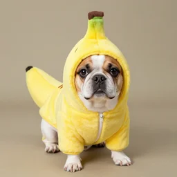 dog wearing bannana suit