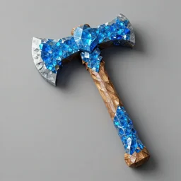 a realistic pickaxe made from blue diamonds