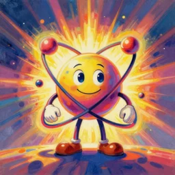 cartoon character in the shape of an atom and electrons, in the style of Charley Harper and Eric Fraser, post-war, colourful