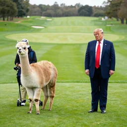 wide shot of donald trump at one of his golf courses, with an alpaca caddy. photorealistic