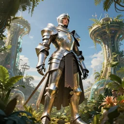 a big female knight veteran in a hi-tech botanical world with blue skies | style of donato giancola, vincent callebaut, dramatic light | high detail | cinematic lighting | pristine metals, glass, plants | solarpunk | golden hour | volumetric lighting | strong wide body | concept art |