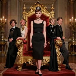a mix of lily cole, anya taylor - joy and audry hepburn, tiara, standing proud inside their 1 8 th century throne room, hyper - realism photo - realism, 8 k, hdr, unreal engine 5, octane render, photorealistic, extremely detailed, intricate, in the style of mark ryden, lostfish, earl nore, hyung tae, frank frazetta