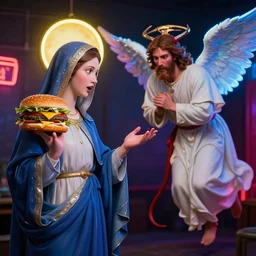 the virgin mary with a bigmac on her shoulder talks to satan neon lights while jesus is being taken away by the angel j. c. leyendecker