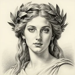 pencil drawing of a beautiful greek goddess aphrodite wearing a laurel wreath and arrowhead earrings, beautiful confident eyes, beautiful flowing hair, hyper realistic face, in the style of greg rutkowski, fantasy, amazing detail, epic, elegant, smooth, sharp focus, from the front