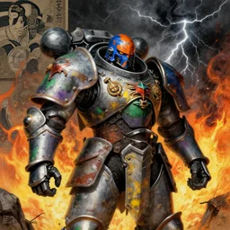 composition of gothic and futuristic, warhammer, cyber fight japan style armor, more and more scars, thunderstorm, firestorm, blue - orange head, some green and purple, yellow, the middle ages, highly detailed, artstation, in the style of moebius, jugendstil and classic japanese print, art by by rene magritte, jean delville