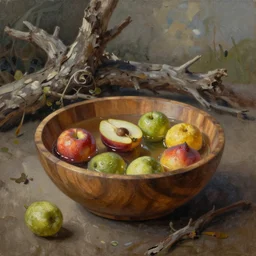 a wooden bowl with floating fruits, oil painting, dead nature study