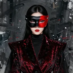 fashion portrait of nobody, all dressed in black, beautiful face and eyes, black and red mask on her face, black and red velvet fabric, highly detailed, white accents, cel shaded, cinematic shot, trending on artstation, high quality, detailed and chaotic background, brush strokes all over, by tom bagshaw and jama jurabaev