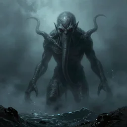 cthulhu emerging from the ocean, thalassophobia, matte painting, unsettling, misty, by lovecraft and greg rutkowski, luis royo and wayne barlowe, artstation