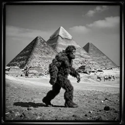 tintype photo, underwater, Bigfoot walking in front of the pyramids