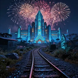 “fantasy thunder mountain railroad landscape, dewdrops, bioluminesence, glittery, at night with fireworks, art deco style”