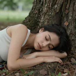 a photograph of a woman sleeping under a tree, soft lighting