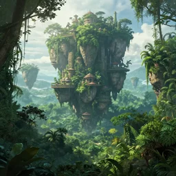lush jungle with floating city overflowing with water environment concept art matte painting by Theo Prins and Ruan Jia
