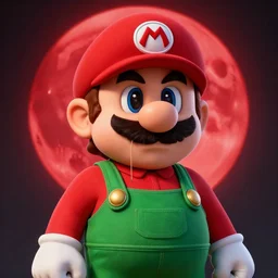professional fantasy art of new mario brother in green overalls, long thin drooping dangling mustache, very sad face, looking at viewer, professional art, dnd, fantasy art, red moon, matte painting, zdislaw beksinski, volumetric lighting, unreal engine 5, very detailed art