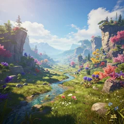 beautiful colorful fantasy landscape, rtx, unreal engine 5, cryengine, render
