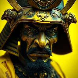 close up portrait of old samurai, goth punk, vibrant yellow colors, surreal, french baroque style by alexander mcqueen, hyper detailed, cinematic, art by bill sienkiewicz