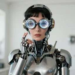 centered portrait of soulful young elizabeth taylor as a solarpunk mecha humanoid robotic parts wearing crystal goggles with bright led lights, real human face, pudica gesture bouguereau style, in white room, ultra - realistic and intricate, soft portrait shot 8 k