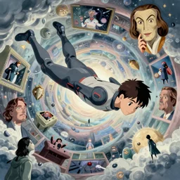 a teen male in futuristic suit falls into a dream within a dream within a dream within a dream within a dream, h. r. giger, alex grey, salvador dali, fractal, surreal art, semi realistic anime, studio ghibli, makoto shinkai, award winning illustration, masterpiece, trending on pixiv, 8 k