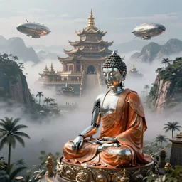 sci fi cinematic establishing shot of a single sitting shiny metallic robotic buddha with an intricated orange robe, high detail digital painting a buddhist temple on a misty mountain, high detailed valley with palm trees, high camera angle, mystic atmosphere, a detailed metallic temple on a misty mountain, shiny metallic airships with reflections, volumetric fog, perspective painting, atmospheric shot, octane renderer