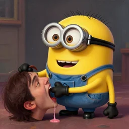 a creepy Minion from Despicable Me, eating a person, painting in the style of Dan Hillier,