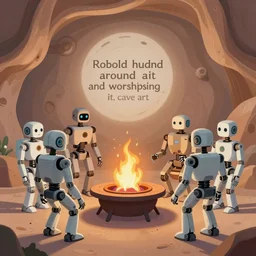 “Robots huddled around a fire pit and worshipping it, cave art”