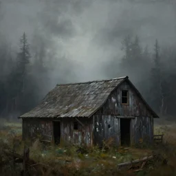 grunge painting of a farm shed. in the distance, there is a forest. by bob ross, grim, gothic, ominous, haunting, foggy background, immaculate scale, hyper - realistic, trending on artstation, 8 k, detailed, atmospheric, immaculate