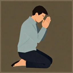 painterly textured simplified woodblock print, image of a man on his knees praying, full body portrait, film grain 1 9 6 0 s art low poly character painterly design