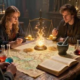 hyper real, table, map, wizards laboratory, lisa parker, tony sart, mortar, pestle, scales, energy flowing, magic book, beakers of colored liquid