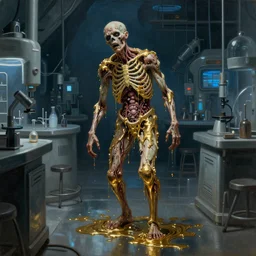 realistic Courbet painting of a sci-fi laboratory with dressed ragged zombie with body made guts and veins dripping golden shiny metalic cascade fluid from ribcage to the floor. liquid shiny pool of gold on the floor. blue light. night.