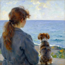 a woman and her chiweenie looking out to sea by odilon redon