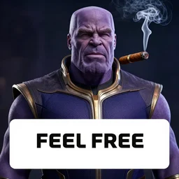 a dramatic commission of thanos smoking a cigar with text feel free to screenshot,dramatic,award winning,inspirational,digital art,art by greg rutkowski,photorealistic,highly detailed,detailed face,professional lighting,deviantart,artstation,cg society
