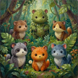 intricate five cute jungle forest, oil on canvas, hdr, high detail, photo realistic, hyperrealism, surrealism, cinematic, matte finish, high contrast, 3 d depth, centered, masterpiece, vivid and vibrant colors, enhanced light effect, enhanced eye detail, artstationhd