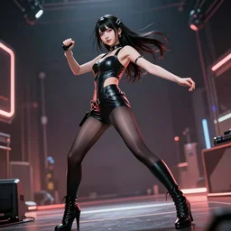 a dynamic, epic cinematic 8K HD movie shot of a japanese young J-Pop idol yakuza rock star girl wearing leather leotard, nylon tights and high heels boots. Motion, VFX, Inspirational arthouse