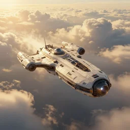 spaceship souring through clouds, detailed, sci if, high quality, ultra detail, top light, resources background, gold, sunny, puffy clouds, cinematic, concept art, by mobius