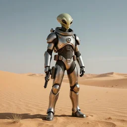 an alien with space soldier armor and a blaster standing in a desert alone, award winning, trending on artstation, unreal engine