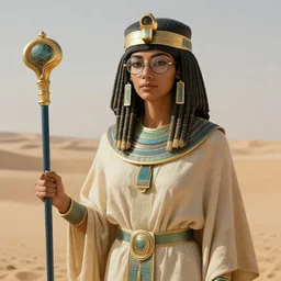 an anthropomorphic beautiful goddess female pharaoh portrait holding a staff wearing desert robe made of dust in a desert, round glasses, dreadlock breed hair, fine art, award winning, intricate, elegant, sharp focus, octane render, hyperrealistic, cinematic lighting, highly detailed, digital painting, 8 k concept art, art by jamie hewlett and z. w. gu, masterpiece, trending on artstation, 8 k