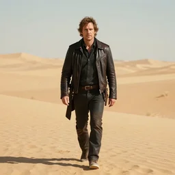 Picture of a single wanderer in black and brown leather clothes, wandering the desert landscape, full of wonders, portrayed by Bob Odenkirk, beautiful, walking towards you, realistic, low fantasy, extremely detailed, trending on artstation, artstationHD, artstationHQ, cgsociety, HD, 8K, Cinema quality, award winning shot, cinematic, no extra characters