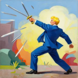 a blond man in a blue suit hit by flying thrown swords, organic painting, sunny day, matte painting, bold shapes, hard edges, street art, trending on artstation, by huang guangjian, gil elvgren, ruan jia, randy vargas, greg rutkowski