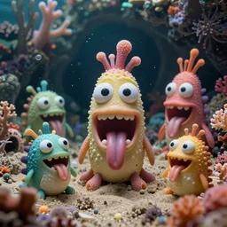 of a colorful deep sea cave with strange cute friendly happy creatures with huge eyes, mouth, long tongue and round teeth appearing from sandy coral, in the style of gehry and gaudi, macro lens, shallow depth of field, ultra detailed, digital painting, trending artstation, concept art, illustration, cinematic lighting, photorealism, epic, octane render