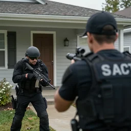 an over shoulder from behind shot of swat breaching a house, cinematic, medium shot