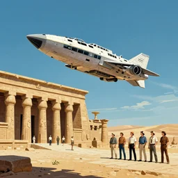 spaceship landing in front of an ancient egyptian temple by martin deschambault, dean ellis, peter elson, chris foss, josan gonzalez, david a hardy, john harris, wadim kashin, angus mckie, bruce pennington, retro 1 9 6 0 s sci - fi art