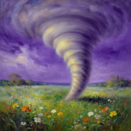 beautiful incredible tornado paintint in the style of leonardo da vinci in a field of flowers purple background