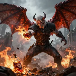 the witcher fighting a winged demon, fighting stance, broken bottle of magic potion, fire detail, fierce, epic moment, sharp details, trending artstation hq, epic fantasy, cinematic lighting, vibrant colors, photorealism, 8 k.