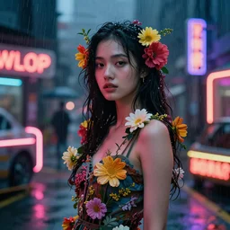 an award-winning photo of a gorgeous young woman from the future adorned with flowers, in an outdoor rainy environment, creative studio portrait photography with wildly experimental neon lighting from various sources, cinematic, dramatic, in the style of WLOP, Ross Tran, and Norman Rockwell, 50mm, f2.4, bokeh