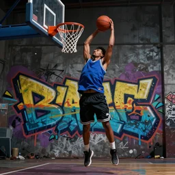 man dunking a basketball!!! with graffiti!!! background, digital illustration, hyperrealistic hip - hop, award winning, trending on artstation, rendered in octane, rendered in unreal engine 5, beautiful colors, dark, gritty, urban