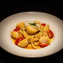 a dramatically lit photo of a fancy scallop pasta with tomatoes