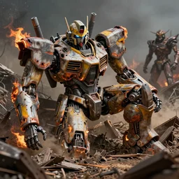 full color hd photo of a mad max gundam robot half buried in the ground, burned, battle damaged, little fires coming from limb joints, octane render 4 k, by hieronymus bosch, joel peter witkin, annie liebovitz. gustave dore, hr giger, zdzisław beksinski, epic, artstation, cgisociety, weta, disney