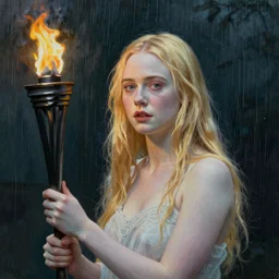 Painting of Elle Fanning holding a torch in the rain, long blonde hair, delicate, pale milky white porcelain skin, by Edward Hopper. 8K. Extremely detailed.