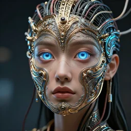 woman _ integrating _ with _ technology _ full _ face _ insipiring _ detailed _ intricate _ ornate _ cables _ connected _ to _ head _ big _ open _ electric _ eyes _ luxurious _ detailed