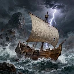 an ancient trojan trireme sailboat being destroyed and shattering in a massive storm, destruction, huge looming mountainous rocks, whirlpool, trireme, skiff, wooden sailboats, by greg rutkowski, grim, lightning flashes, sky swirling with black wind, dark sky, dramatic, realistic, detailed, ancient, artstation, artgerm, digital painting