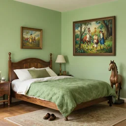bedroom with horse statues, green and brown decorations by studio ghibli painting, by ohara koson and thomas kinkade